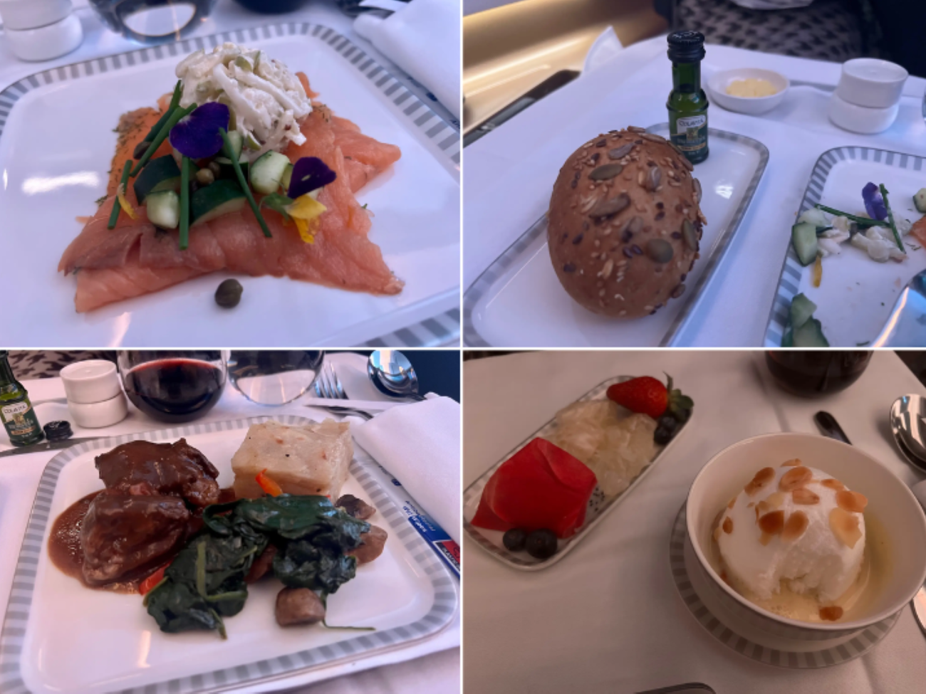 A collage of the courses of a meal on an airplane.