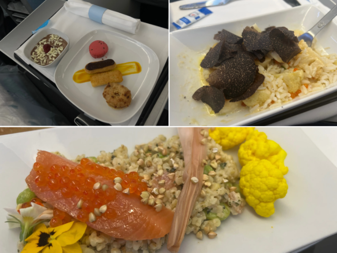 A collage of the meals on a flight.