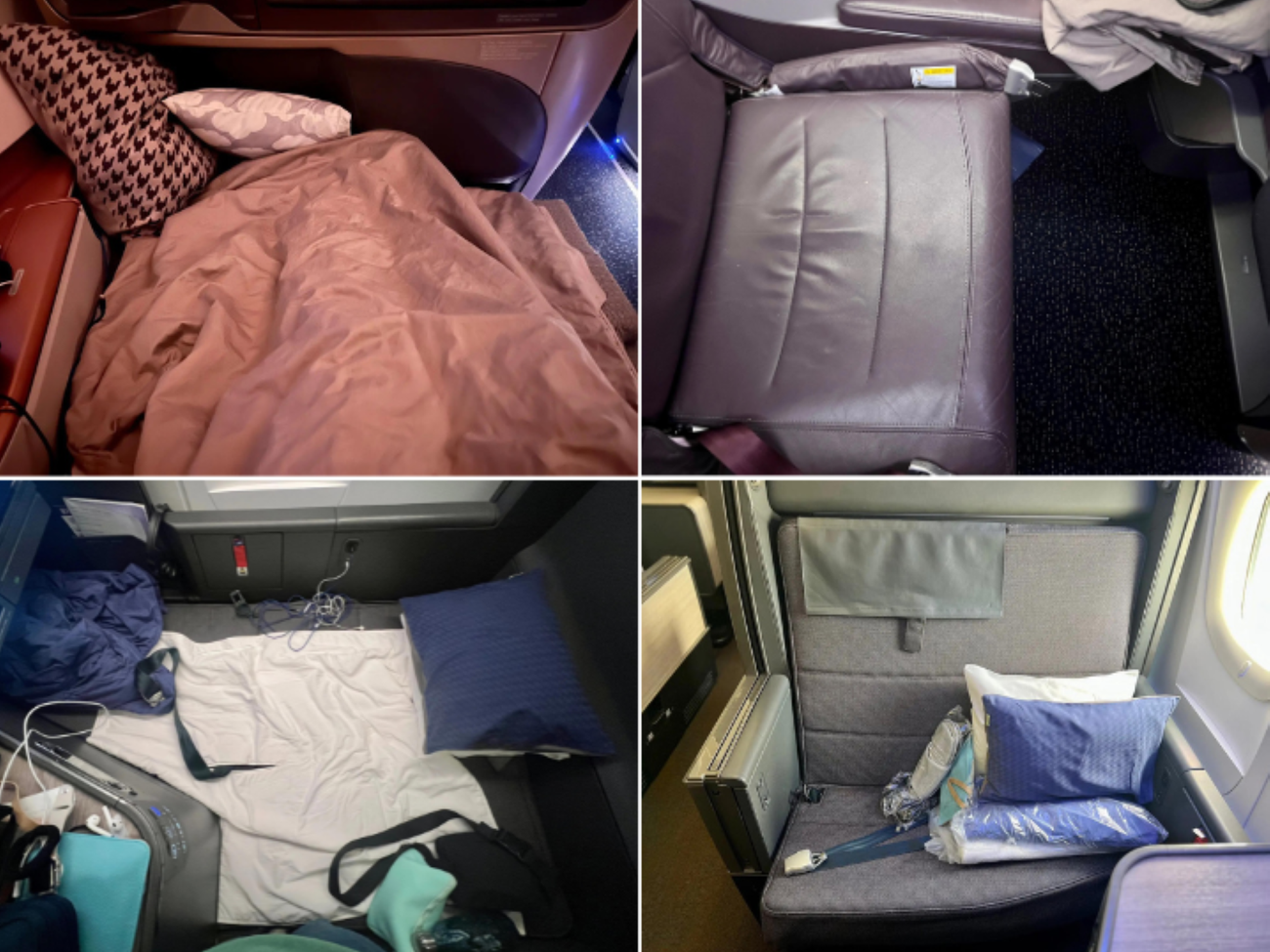 A collage of two seats and when they are converted into lie-flat beds.