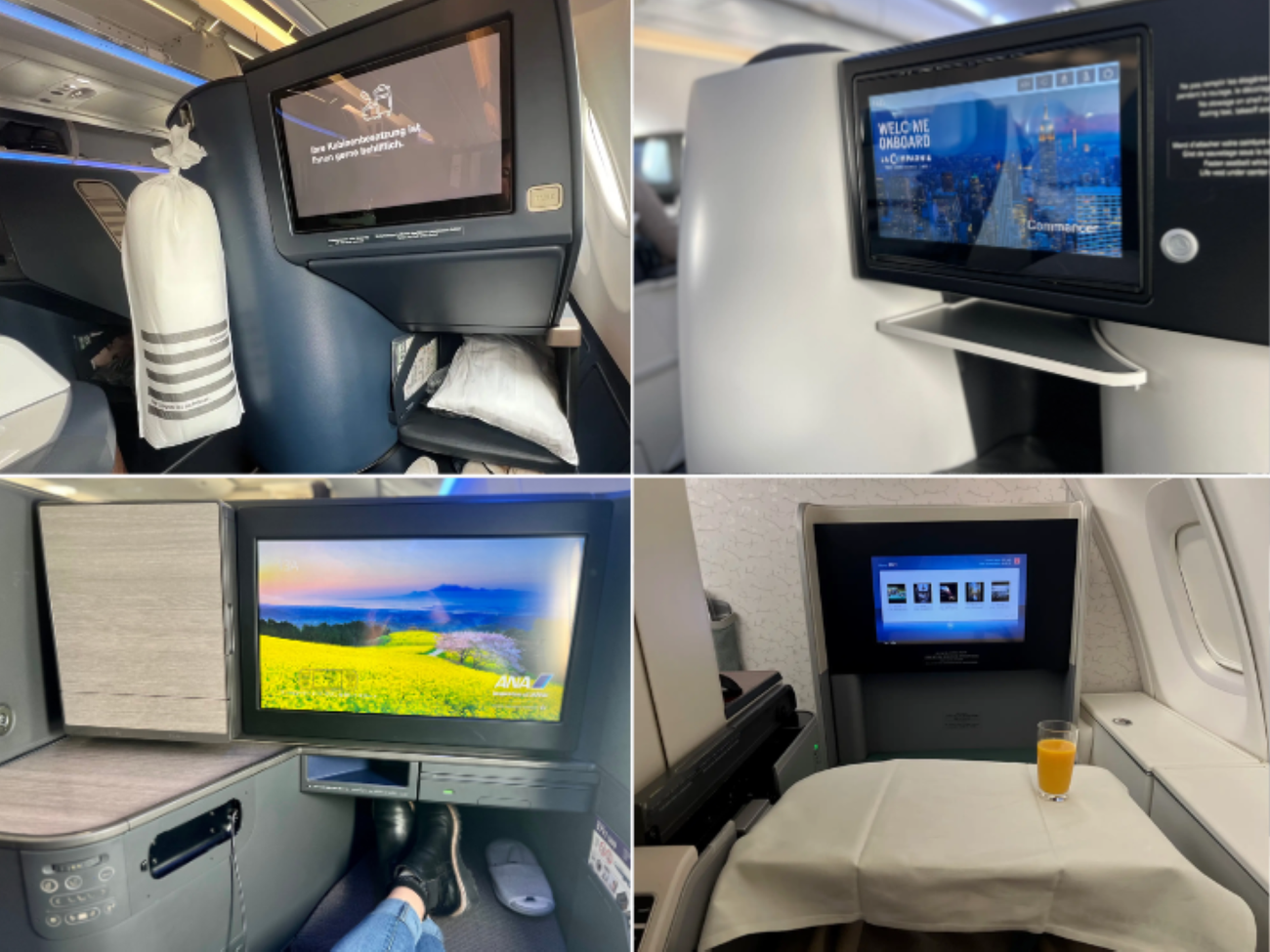 The flatscreen TVs on Condor (top left), La Compagnie (top right), ANA (bottom left), and Korean (bottom right).