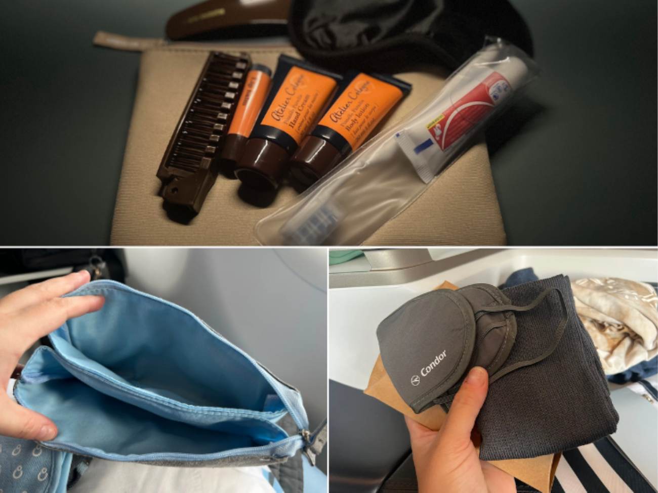 A collage of different amenity kits.