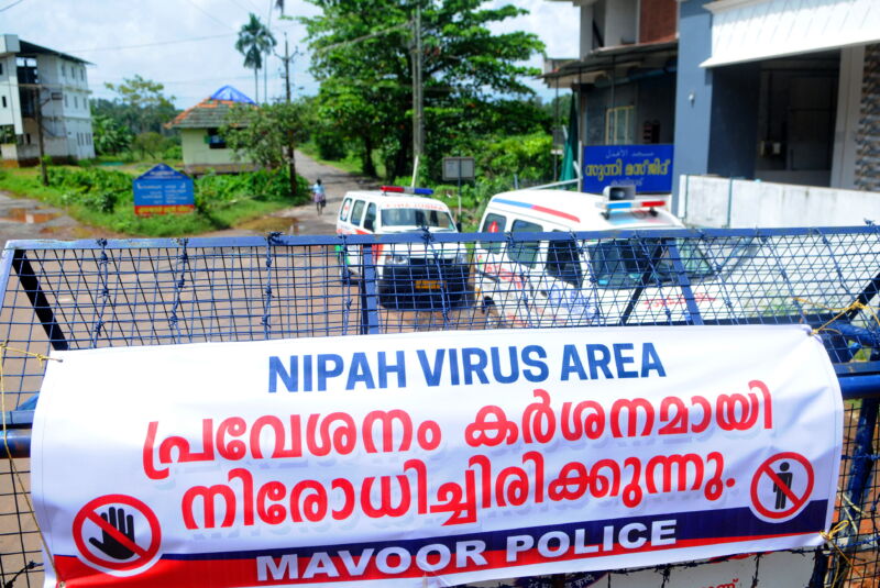 Road blockade due to Nipah affected areas at Chathamangalam panjayat on September 8, 2021, in Kozhikode, India.