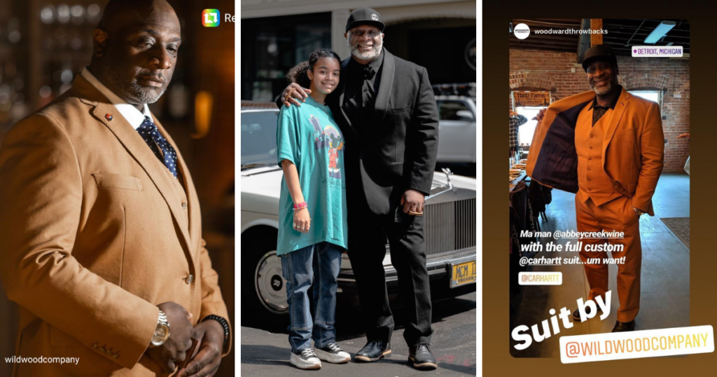 Abbey Creek winery founder Bertony Faustin in three photos wearing suits made of Carhartt fabric