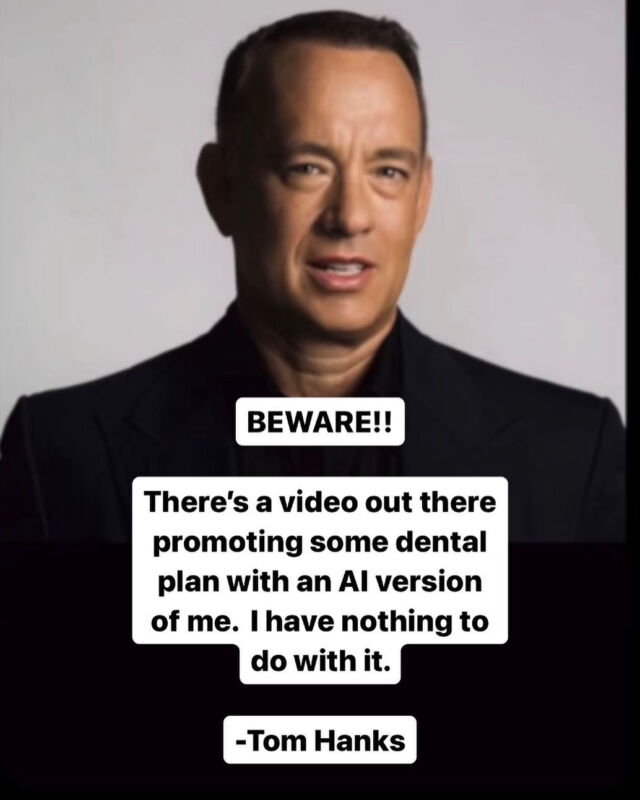 A screenshot of Tom Hanks' Instagram post warning of an unauthorized AI-generated version of him selling a dental plan.