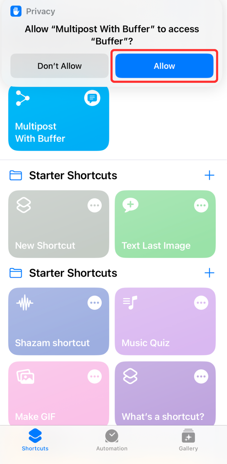 A screenshot showing how to schedule to Bluesky using Apple's shortcuts and Buffer