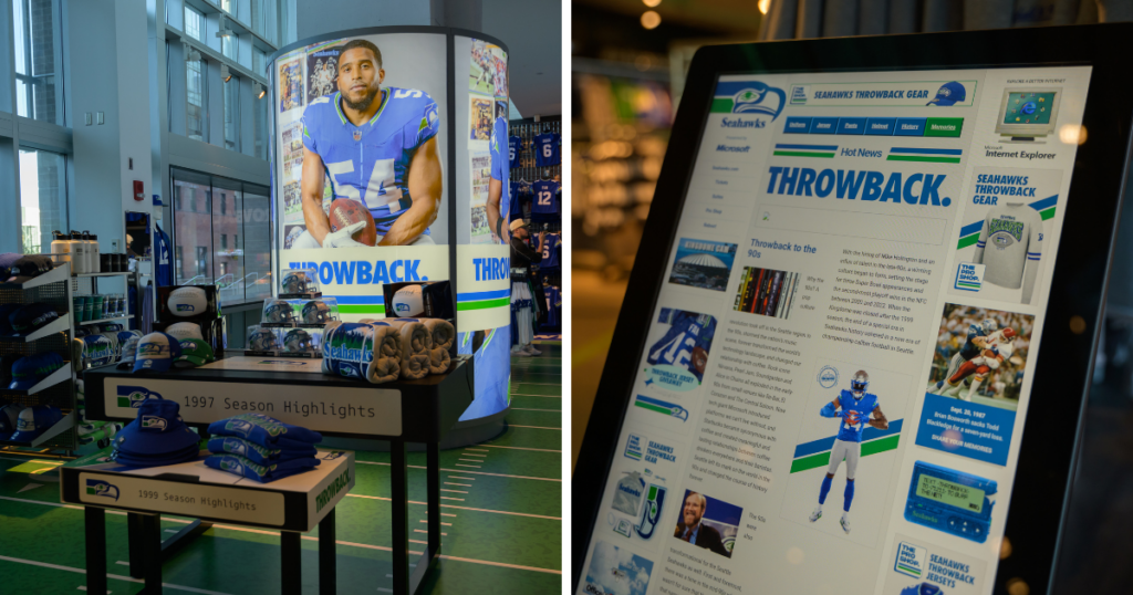 The Seattle Seahawks team store at Lumen Field sells throwback merchandise with help from a Microsoft digital display