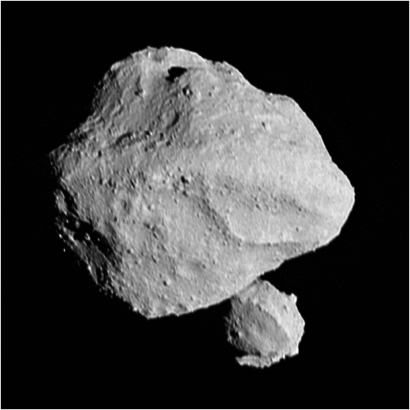 This image shows the “moonrise” of the satellite as it emerges from behind asteroid Dinkinesh as seen by the Lucy Long-Range Reconnaissance Imager. 