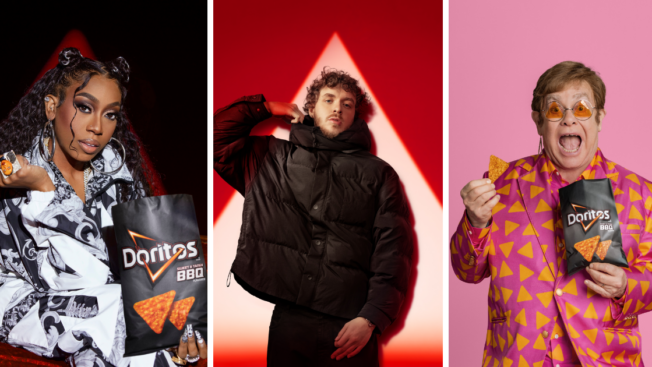 From left, Missy Elliott, Jack Harlow and Elton John in a Doritos Super Bowl ad