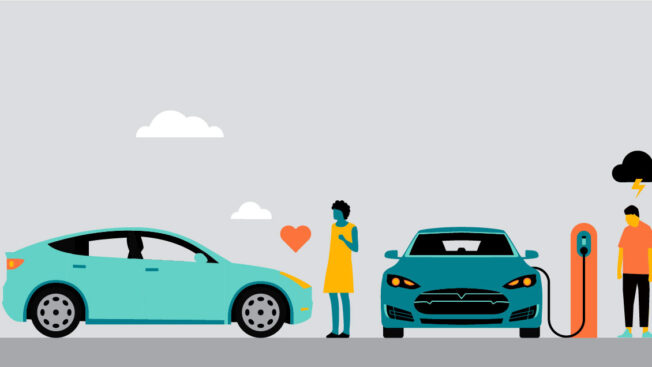 an illustration of a person standing between two cars with a heart above one of them