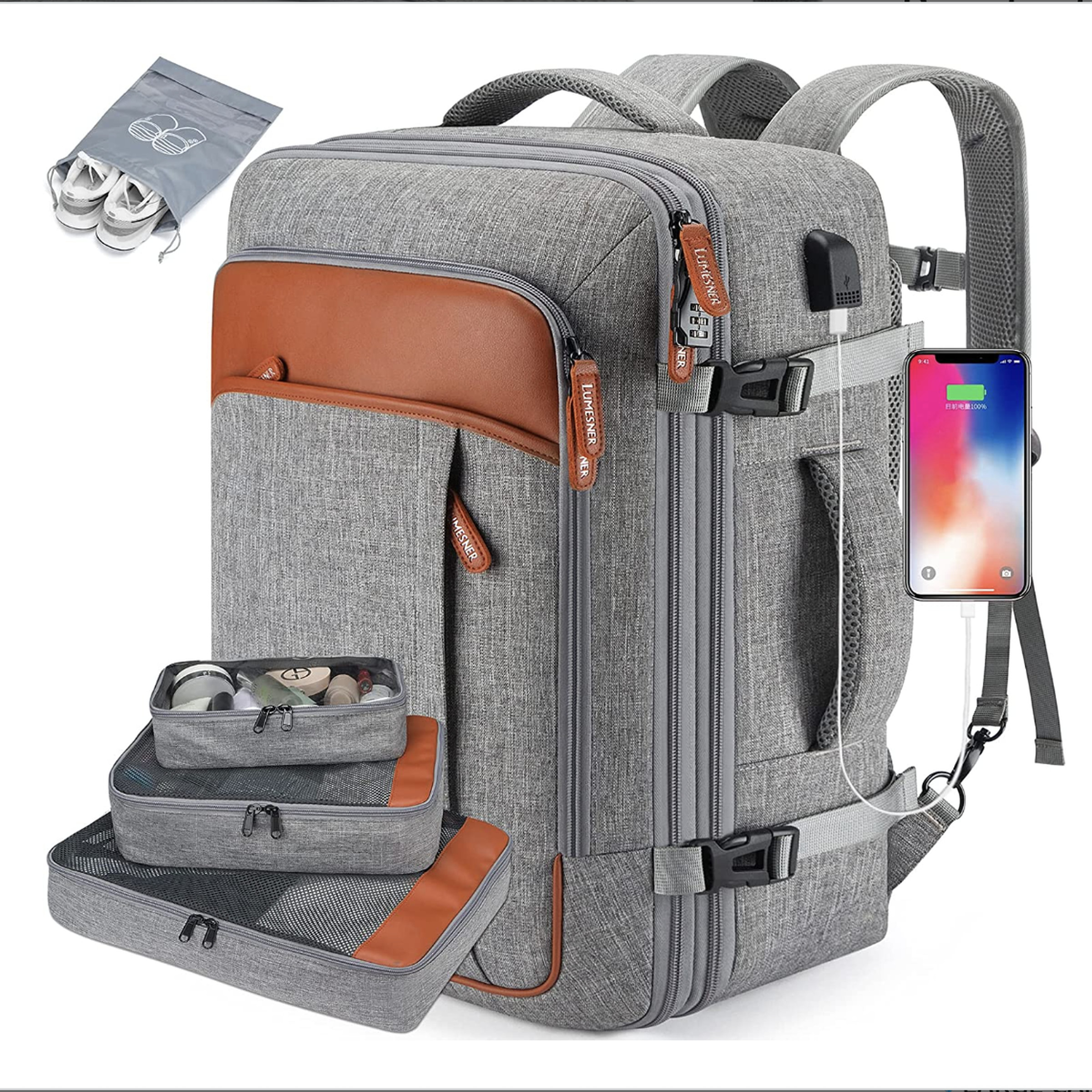 Gray backpack with brown leather-like accents.