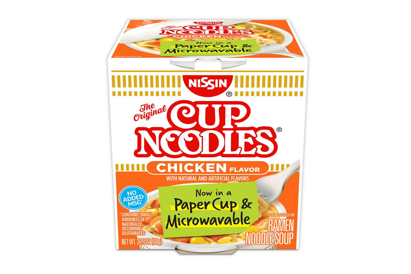 Render of Nissin’s microwavable Cup Noodles packaging.