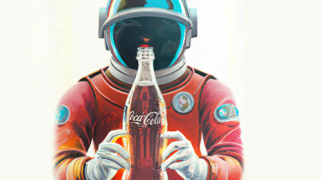 an astronaut holding a bottle of coca-cola