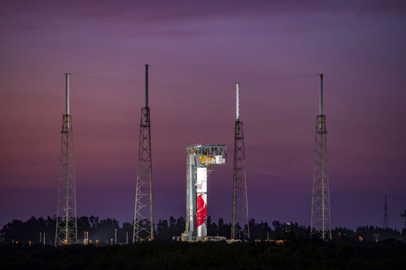 United Launch Alliance's Vulcan Certification-1 first stage sits atop Space Launch Complex-41 at Cape Canaveral Space Force Station, Florida for qualification testing.