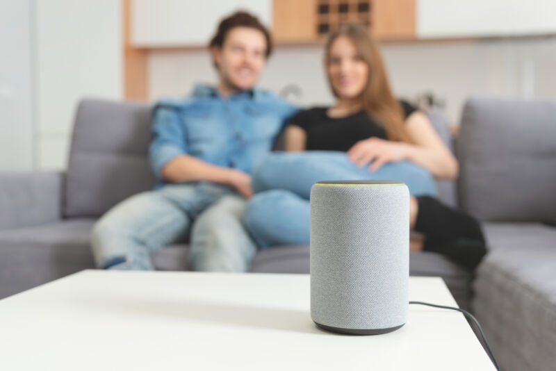 Couple on couch with smart speaker