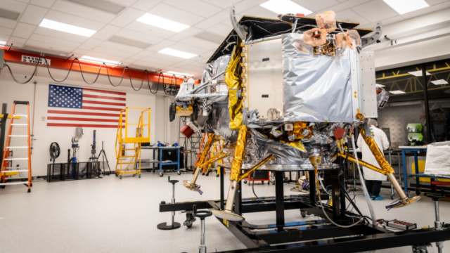 Astrobotic's first lunar lander, named Peregrine, at the company's Pittsburgh headquarters.