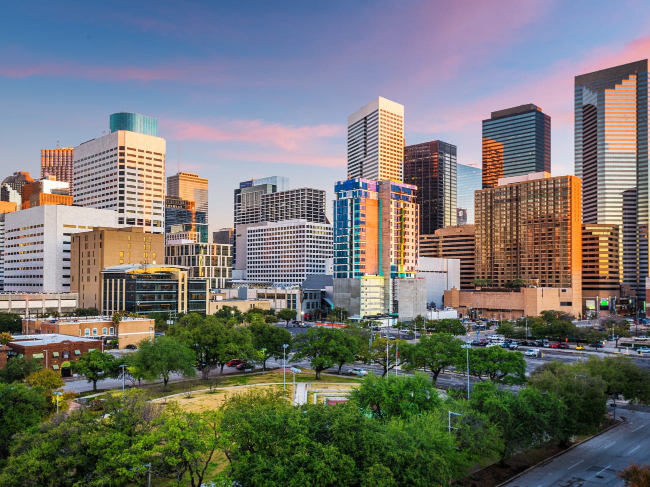 Houston, Texas, downtown park and skyline at twilight.