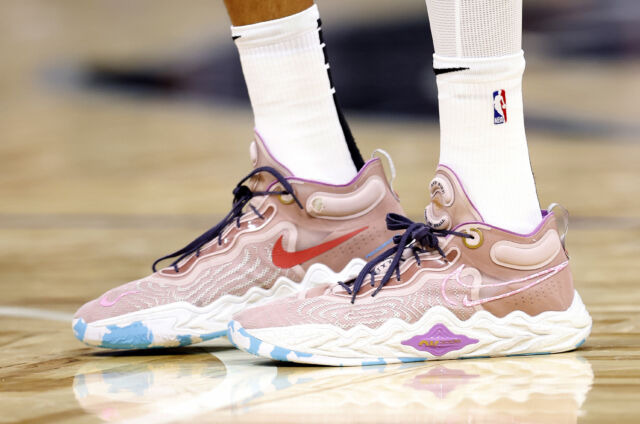 The shoes of Victor Wembanyama, size 20.5, before a game in January. Across the NBA, injuries are on the rise, with knee, ankle, and foot problems leading the way. And experts say long limbs and feet confer potential physical vulnerabilities.