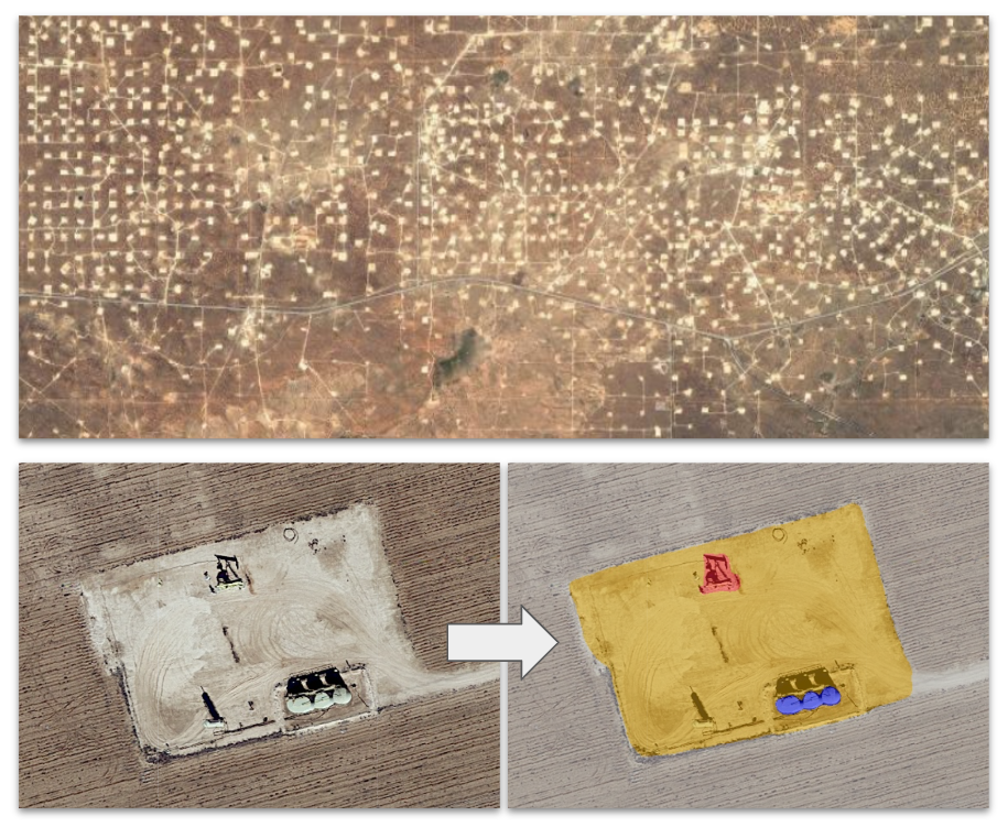 Top image: A view of an area undergoing oil/gas extraction. Left: a close-up of an individual drilling site. Right: Computer-generated color coding of the hardware present at the site.
