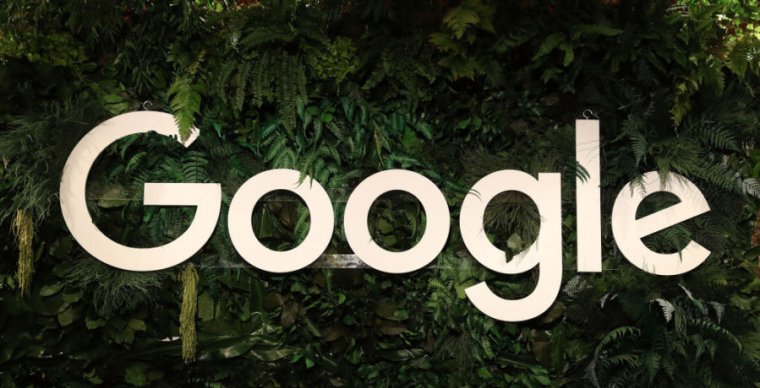 A large Google logo is displayed amidst foliage.