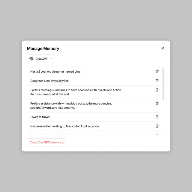 A screenshot of ChatGPT memory controls provided by OpenAI.