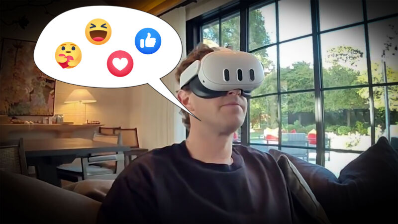 No way would Zuckerberg be photographed wearing a Vision Pro, but let's just imagine he's looking at a picture of one in his headset here...