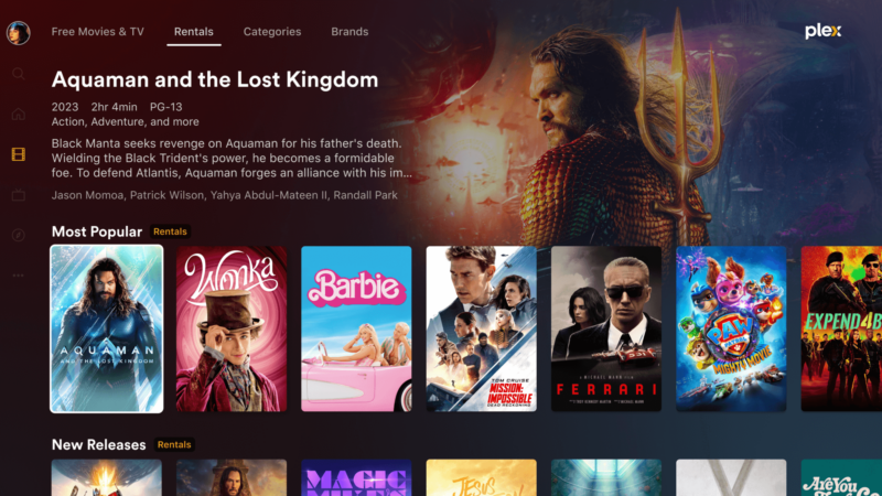 Movie rental offerings on Plex platform