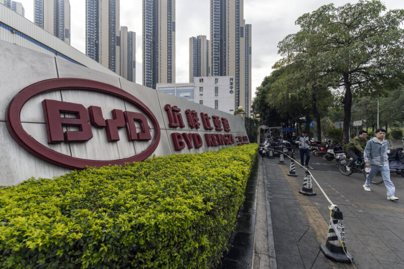 Signage at the BYD Co. Kengzi battery production facility in Shenzhen, China, on Wednesday, Jan. 17, 2024.