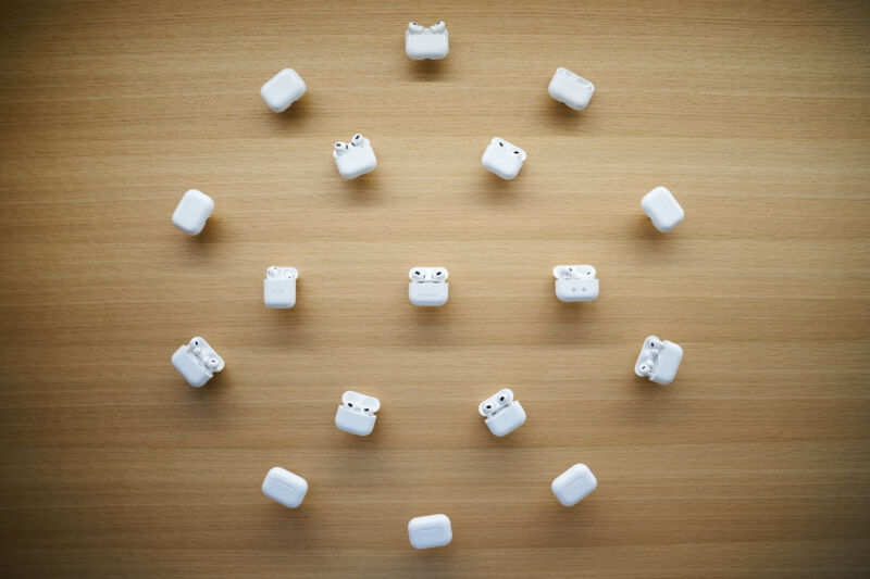 AirPods arranged at an Apple Store