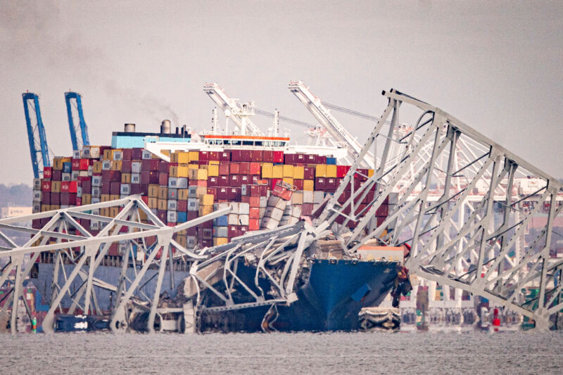 The Dali container vessel after striking the Francis Scott Key Bridge that collapsed into the Patapsco River in Baltimore on March 26. The commuter bridge collapsed after being struck by a container ship, causing vehicles to plunge into the water and halting shipping traffic at one of the most important ports on the US East Coast.