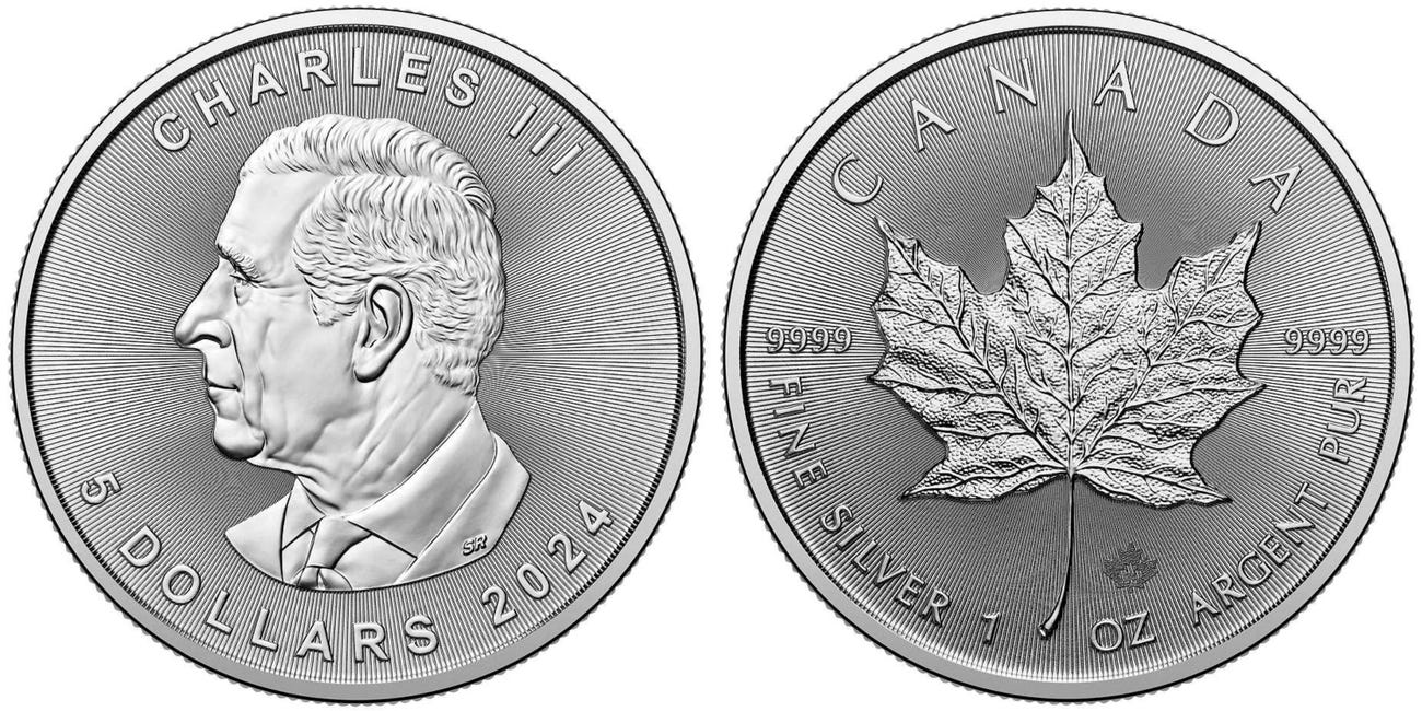 The head and tail of the Royal Canadian Mint's $5CA silver coin