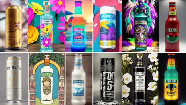 12 versions of a smirnoff bottle and can created by generative ai