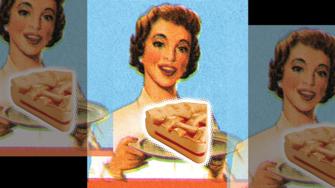 old ad of a woman offering a slice of pie