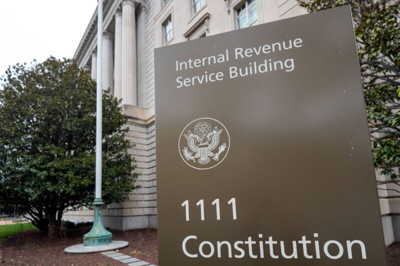 A sign outside the IRS headquarters displays the words
