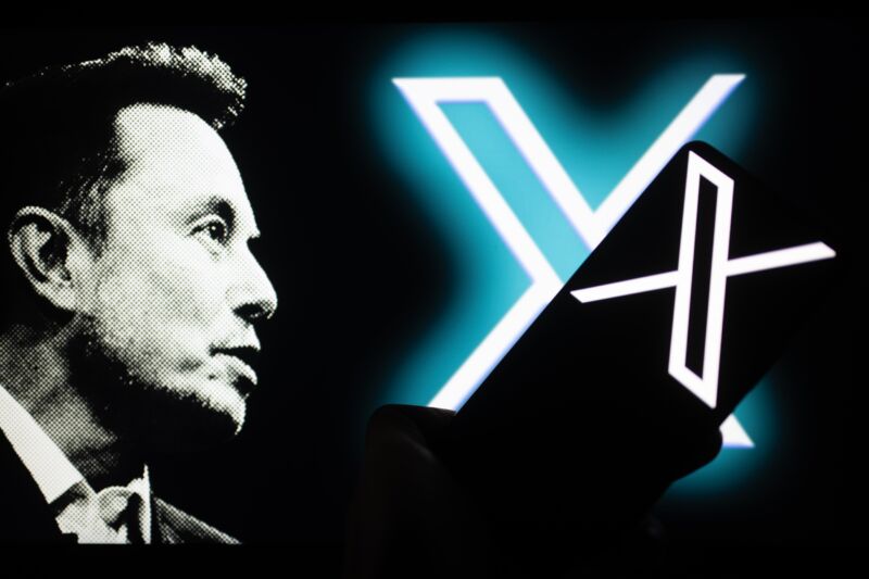 A photo of Elon Musk next to the logo for X, the social network formerly known as Twitter,.