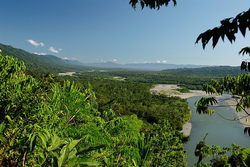 Image of forest-covered hillsides and a river winding through the jungle.