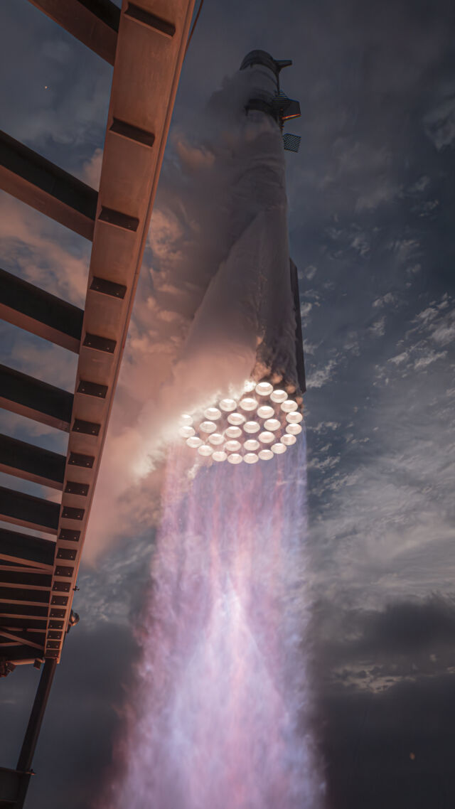 Starship and its Super Heavy booster climb off the launch pad at Starbase, Texas.