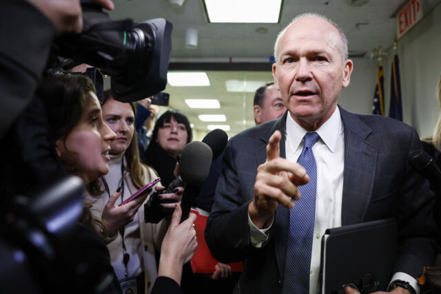 Boeing CEO Dave Calhoun speaks to reporters during a visit to Capitol Hill in Washington on January 24, 2024.