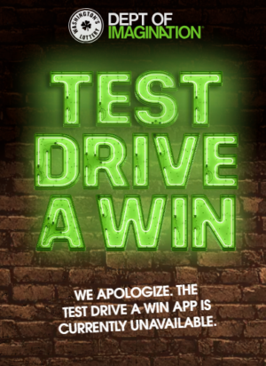 The non-functional "Test Drive a Win" website as it appeared Thursday.