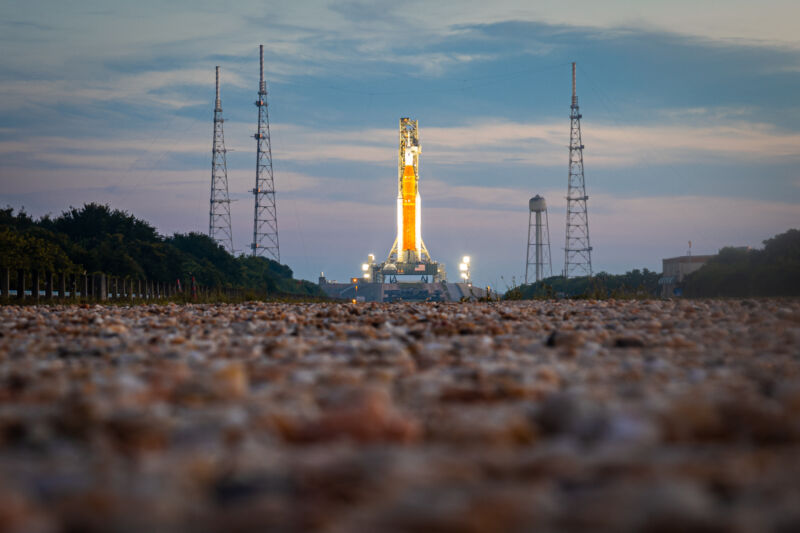 The SLS rocket is seen on its launch pad at Kennedy Space Center in August 2022.