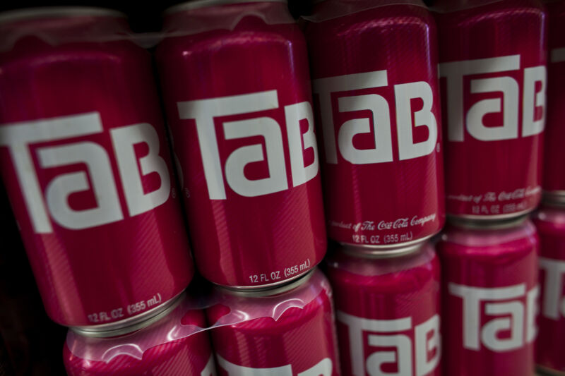 Tab soda displayed on a grocery shelf