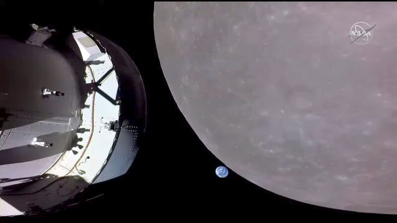 This image taken by NASA's Orion spacecraft shows its view just before the vehicle flew behind the Moon in 2022.