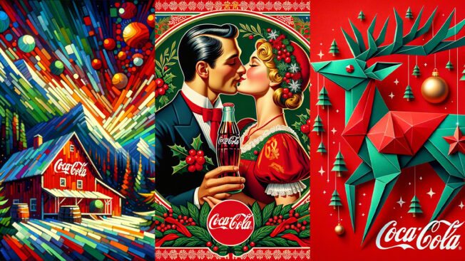 three holiday images featuring coca-cola colors and logos