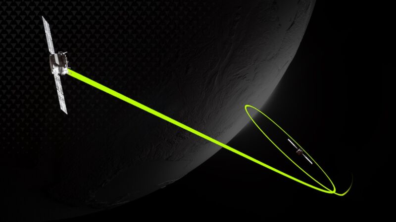 Artist's illustration of two satellites performing rendezvous and proximity operations in low-Earth orbit.