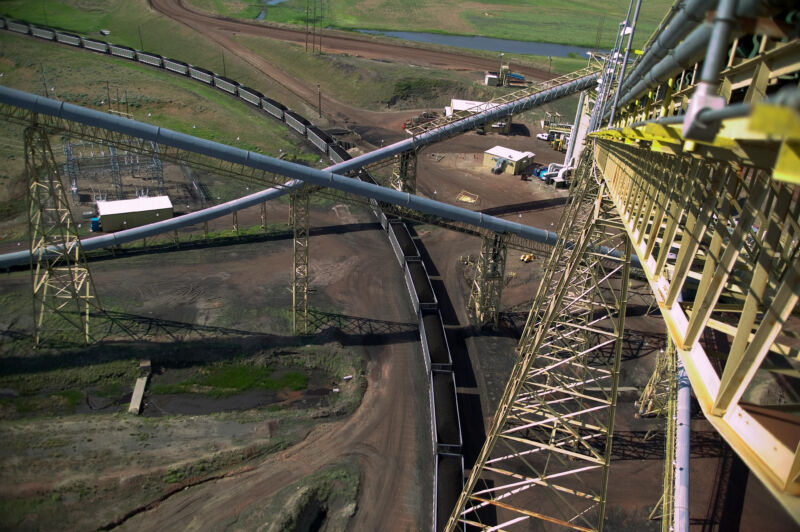 A 133-car coal train moves slowly as it's loaded at the Buckskin Coal Mine in 2006 in Gillette, Wyoming. 