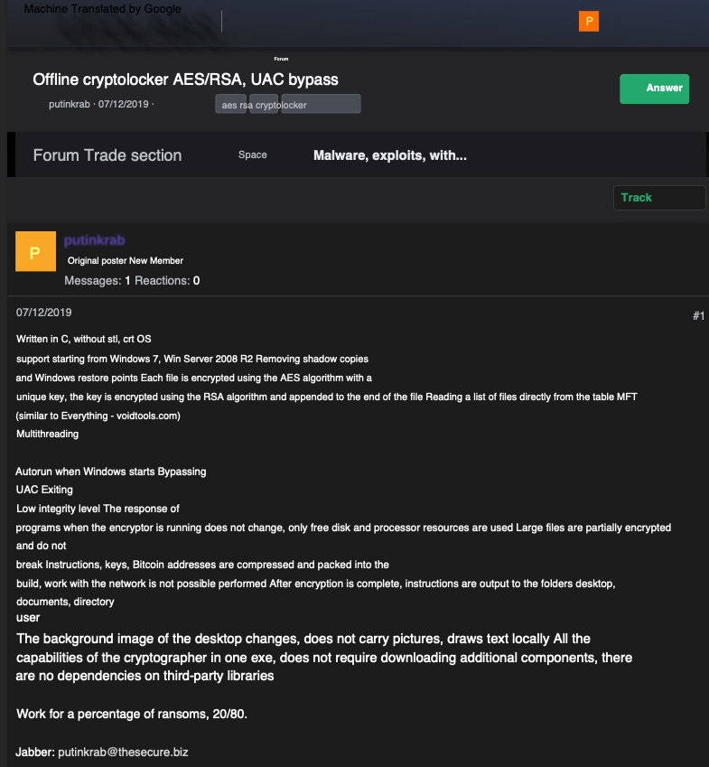 Un annuncio tradotto automaticamente per il codice sorgente di ransomware da Putinkrab sul forum in lingua russa UFOlabs nel 2019. Fonte: Ke-la.com.