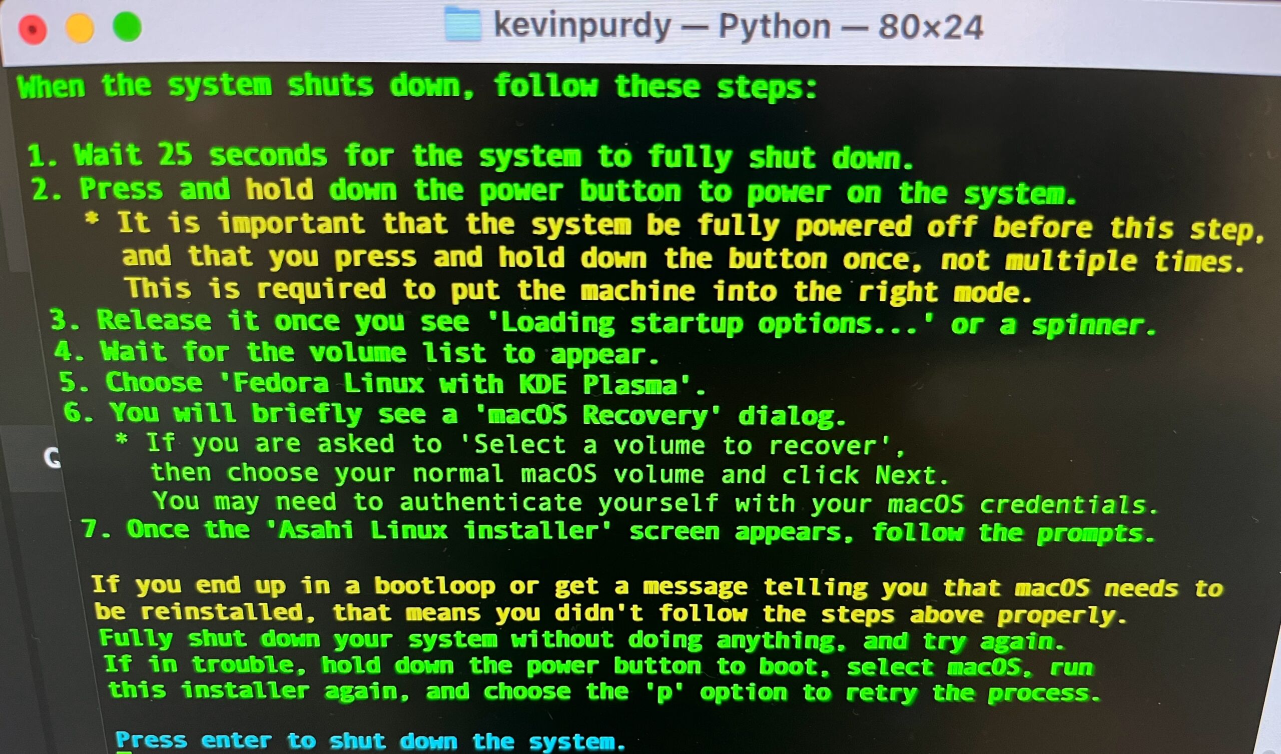 It's a lot of green text, but really it's just telling you to wait, then hold down a button.