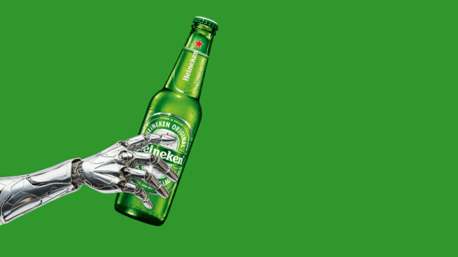 a robot hand holding a bottle of Heineken