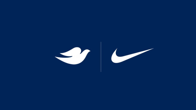 Dove and Nike logos in white against a dark blue background.