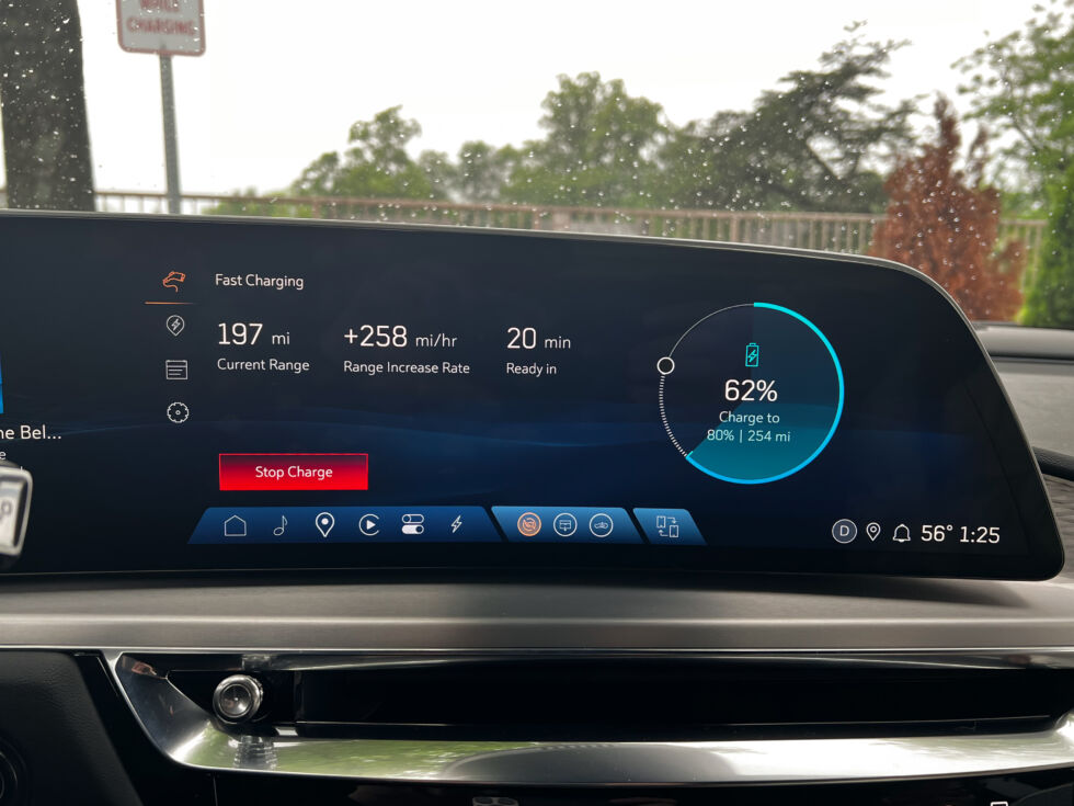 The AWD Lyriq is rated at 307 miles (497 km) EPA range, but with 22-inch wheels, that's optimistic.