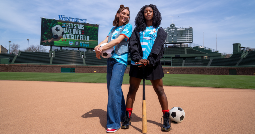 The Red Stars' Tatum Milazzo and Jameese Joseph take the field at Wrigley.